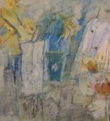 20th Century, British School, two oils on canvas and board, An abstract still life interior scene