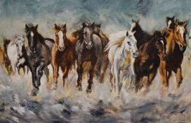 Anne Millard (20th Century, British), an oil on canvas, 'Horses Gallop', signed to the lower