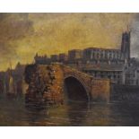 20th Century, British, an oil on board, A romanticised city landscape depicting a ruined stone