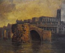 20th Century, British, an oil on board, A romanticised city landscape depicting a ruined stone