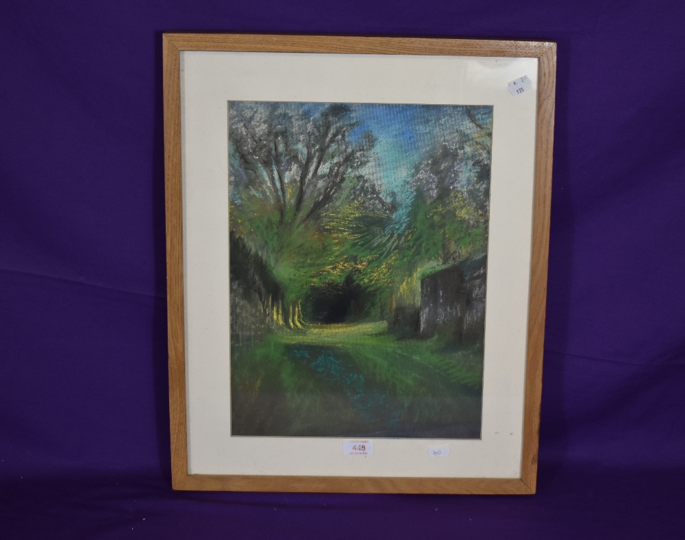 20th Century British School, a pastel, An avenue of trees underneath a blue sky, framed, mounted, - Image 2 of 3