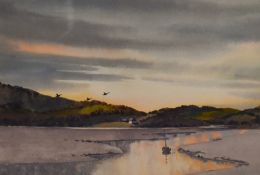 Ebenezer John Woods Prior (20th Century, British), a watercolour, An estuary scene at low light with