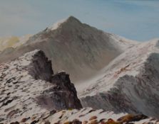 Ann Colin (20th Century, British), an oil on canvas, 'Snowdon Summit', a winter mountain