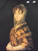 After Francisco de Goya (1746-1828), a coloured canvas portrait print, Senora Garcia, title label