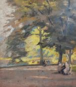 20th Century, Continental School, a pastel, A colourful park scene depicting figures sitting upon