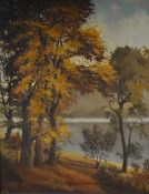 David Walsey (British 20th century)oil on canvas, autumnal woodland and river, signed, 90 x 70cm,