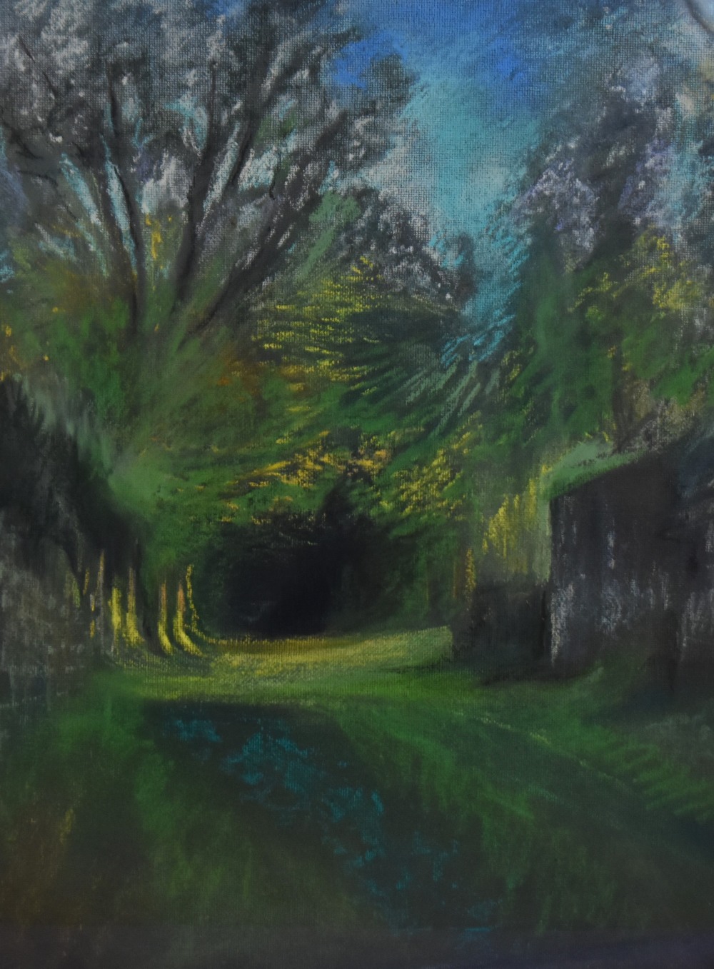 20th Century British School, a pastel, An avenue of trees underneath a blue sky, framed, mounted,