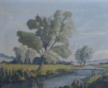 Charles G Johnson (British 1902-1983) oil on board, rural river scene, in pleasing pastel tones,