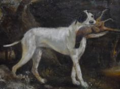 19th/20th Century British School, oil on board, A portrait of a gun dog with game bird (in need of
