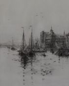 Rowland Langmaid R.A (1897-1956), two drypoint etchings, 'The Embankment (Sea Scout Training Ship' &