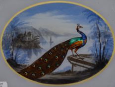 Continental School, A pair of hand painted enamelled peacocks within naturalistic settings,
