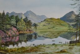 *Local Interest - Ron W. Lamb (20th Century, British), a watercolour, a tree lined tarn with hills
