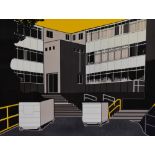 After A.Harrison (20th Century), a coloured print, A Bauhaus style illustration of an office