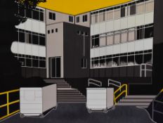 After A.Harrison (20th Century), a coloured print, A Bauhaus style illustration of an office
