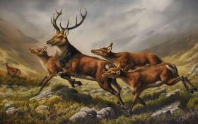 After Adrian C. Rigby (b.1962), gouache, 'Running Free', a herd of deer within a mountainous