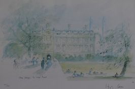 After Sir Hugh Casson PRA (1910-1999), two coloured prints, 'Clare College, Cambridge, The West