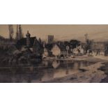 20th Century British School, two monochrome etchings, A townscape with river to the foreground & a