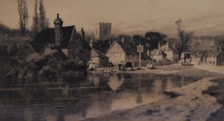 20th Century British School, two monochrome etchings, A townscape with river to the foreground & a