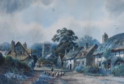 Albert Dunington (1860-1941), a watercolour, A rural village scene with a shepherd and his sheep,