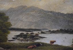 19th/20th Century British School, oil on canvas, Highland and other cattle beside a loch with