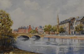 Cyril Pilgrim (British 1920-2013) watercolours, river scene with bridge, Swan Hotel and church