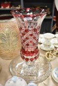 A Bohemian cut glass footed vase, measuring 41cm tall, and a clear cut glass bowl