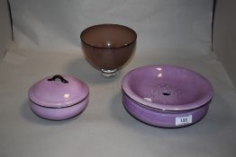 A Rosedale Art glass smoked amethyst bowl and a two piece Shelley toiletry set in purple.