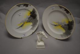 A pair of Shelley pottery salad plates, having yellow and grey transfer pattern depicting swallow