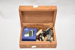 An Eastern mahogany inlaid jewellery box containing watches by Timex, Lorus, and Citron, plus a