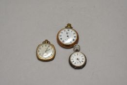 Two vintage gold tone metal pocket watches and a silver tone example.