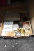 A miscellany of vintage and antique items, to include boxed spoons, a travel clock, gold tone