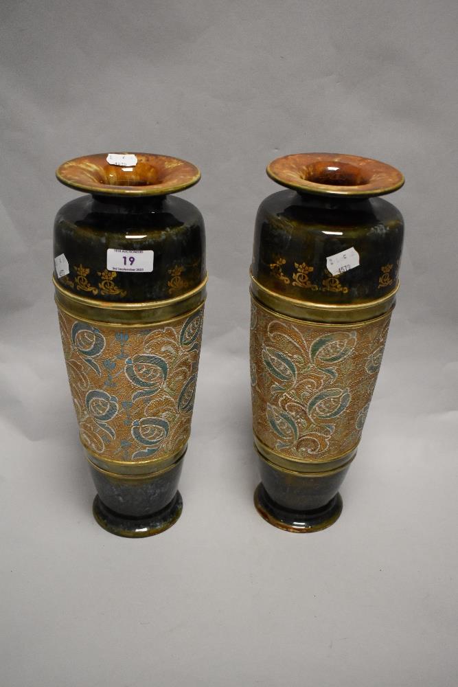 A pair of Royal Doulton, Doulton & Slaters patent stoneware vases, marked to underside with number