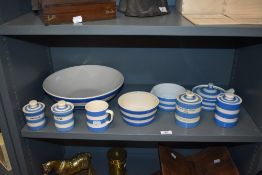 A mixed lot of predominantly modern T and G green blue and white Cornish ware, including green