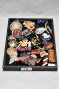 An interesting collection of vintage brooches, including early plastic and lucite, some lovely