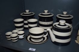 A selection of modern T and G Green tableware, in black and white colour way, including teapot,