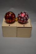 Two Emma Bridgwater Christmas tree baubles in wooden presentation boxes.