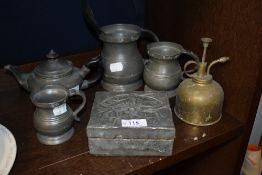 A selection of pewter ware, to include; embossed 19th century trinket box, pint tankard, half pint