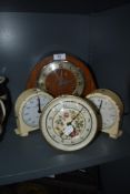 A selection of vintage clocks, including two Smiths mid century tin alarm clocks and Art Deco mantel