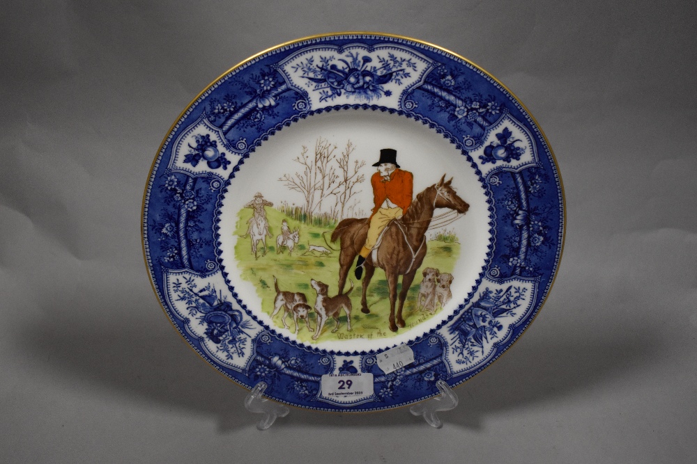 A Wedgwood plate having transfer pattern of hunting scene with hand painted details, 'Master of