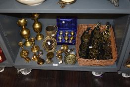 A collection of brass and plated ware, including horse brasses, Corgi studies, dressing table