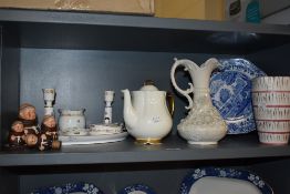 A mixed lot of ceramics including Goebel Monk cruet set, Beleek cream ware vase, mid century