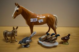 A Goebel Horse study, Two Beswick Pottery birds, a Donkey and a runner duck pin dish.
