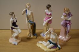 Five Royal Doulton Archives figurines, including bathing beauty and Brighton belle.