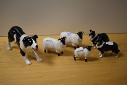 Two Beswick Pottery Rams and a lamb studies and two Border Collie studies, also included is a larger