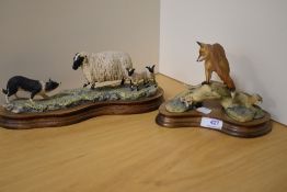 Two Border Fine Arts studies, Fox on branch and Sheepdog with sheep.