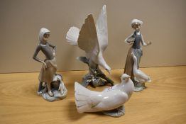 Four LLadro studies and figurines, including two girl with geese figurines and two dove studies.