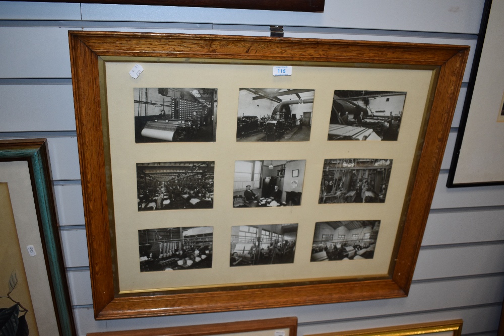A framed and glazed collection of vintage photographs, of factory and weaving interest.