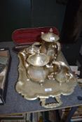 A late 19th/ early 20th century plated tea and coffee set, comprising tea and coffee pots, tray,