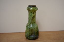 An Art Nouveau glass vase in the manner of Loetz, having hallmarked silver cuff to neck.