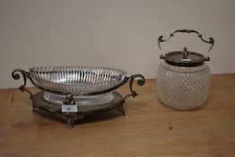 A 19th Century cut glass jardiniere within white metal stand, and a biscuit barrel of similar age